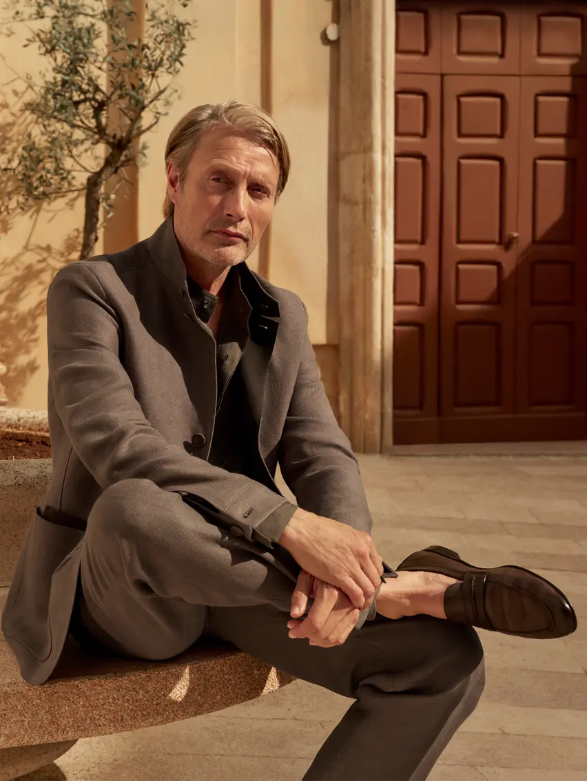 Mads Mikkelsen wearing a tailored suit from the ZEGNA Spring/Summer 2025 collection.