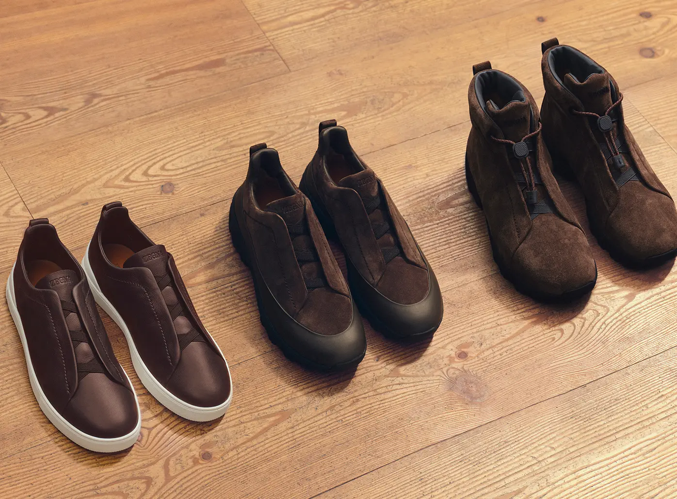 Close up of  Monte Sneakers, Triple Sticht Sneakers and Vetta Boots from the men’s Fall Winter 2025 collection ZEGNA.