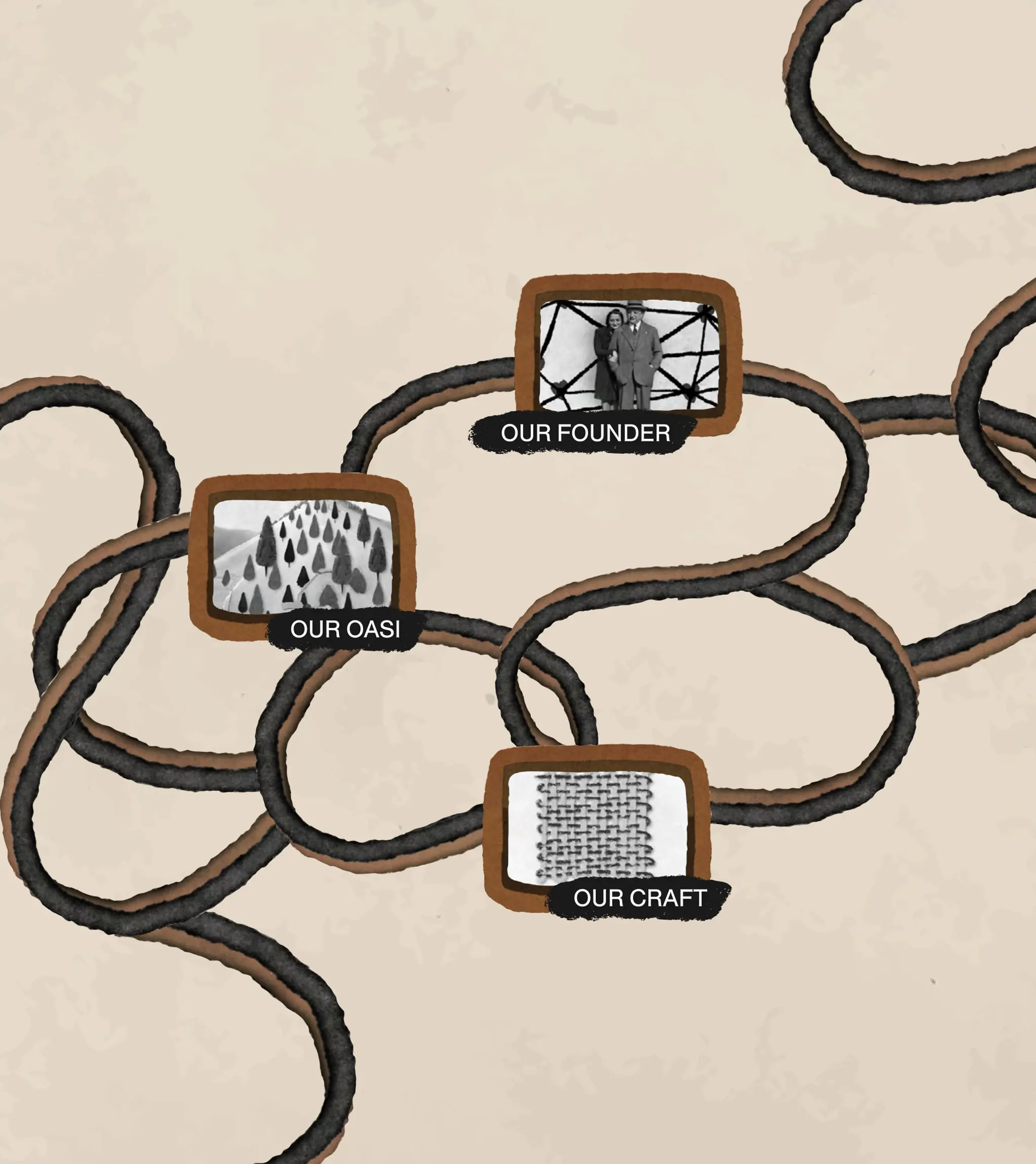 Illustration showing the connections between Zegna's Founder, craftsmanship and Oasi Zegna in Piedmont.