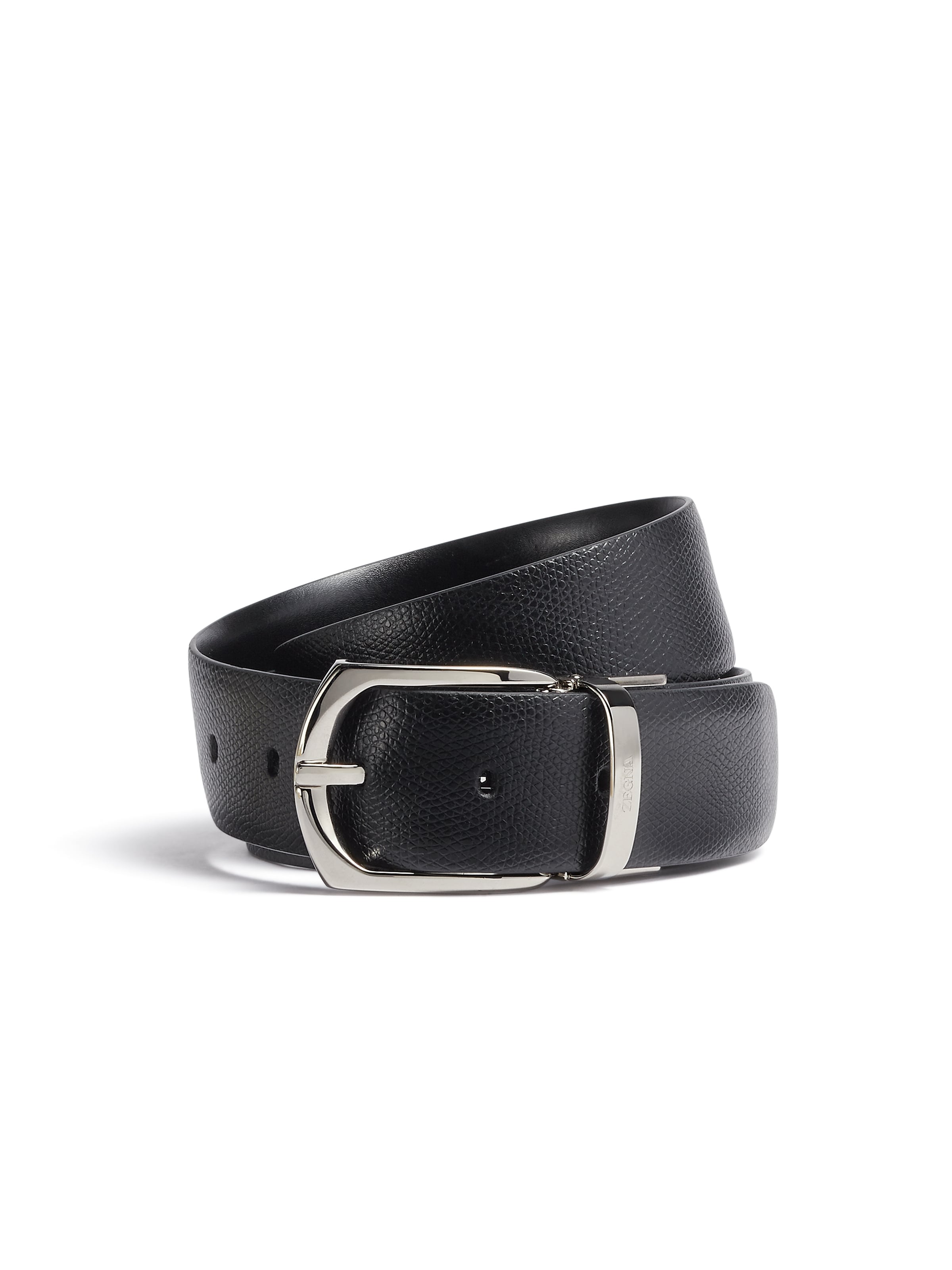 Zegna Black Alpina Engraved Leather And Leather Reversible Belt In Noir