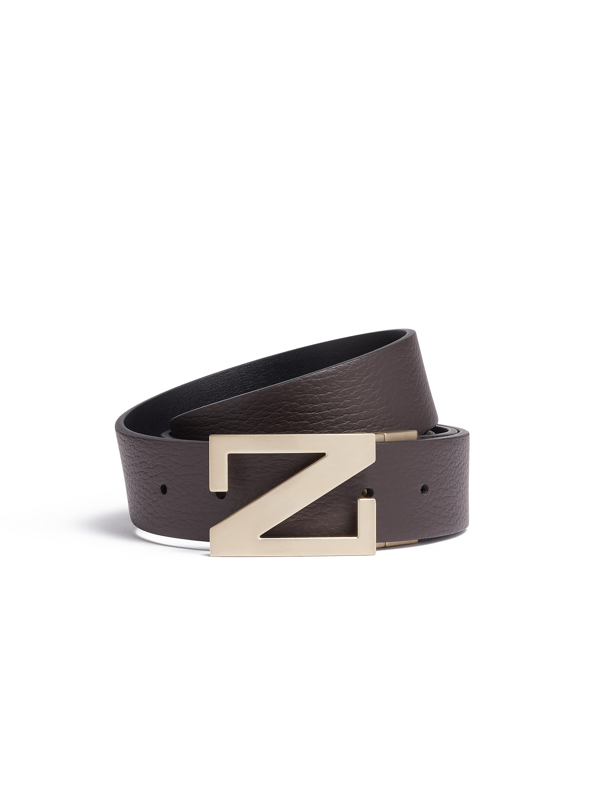 Zegna Dark Brown Grained Leather And Black Leather Reversible Belt In Marron Foncé/noir