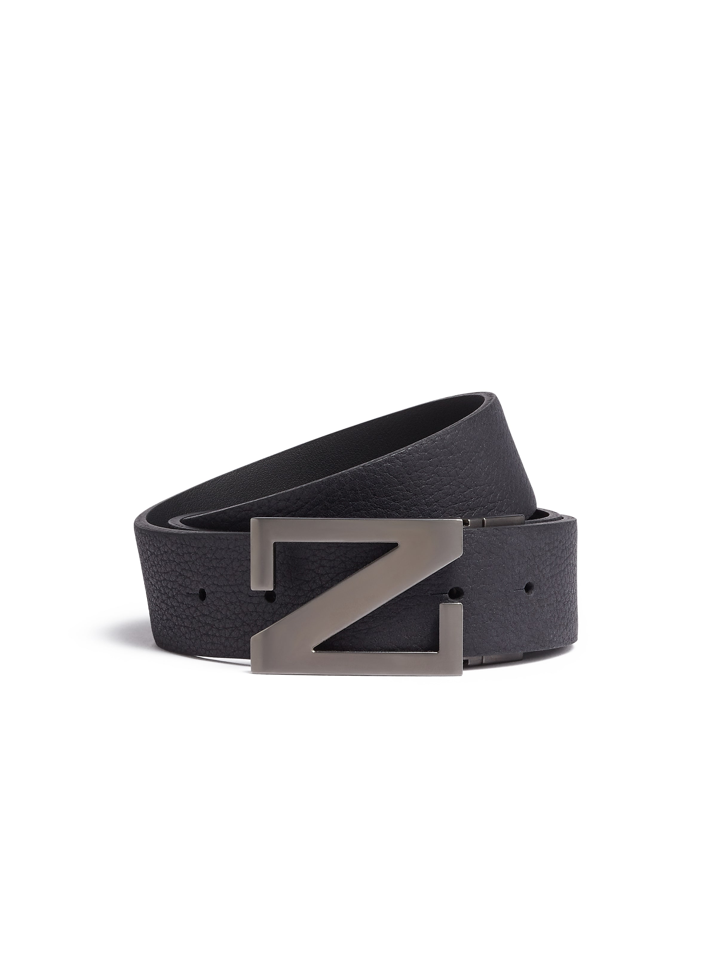 Zegna Navy Blue Grained Leather And Black Leather Reversible Belt In Navy Blue/black