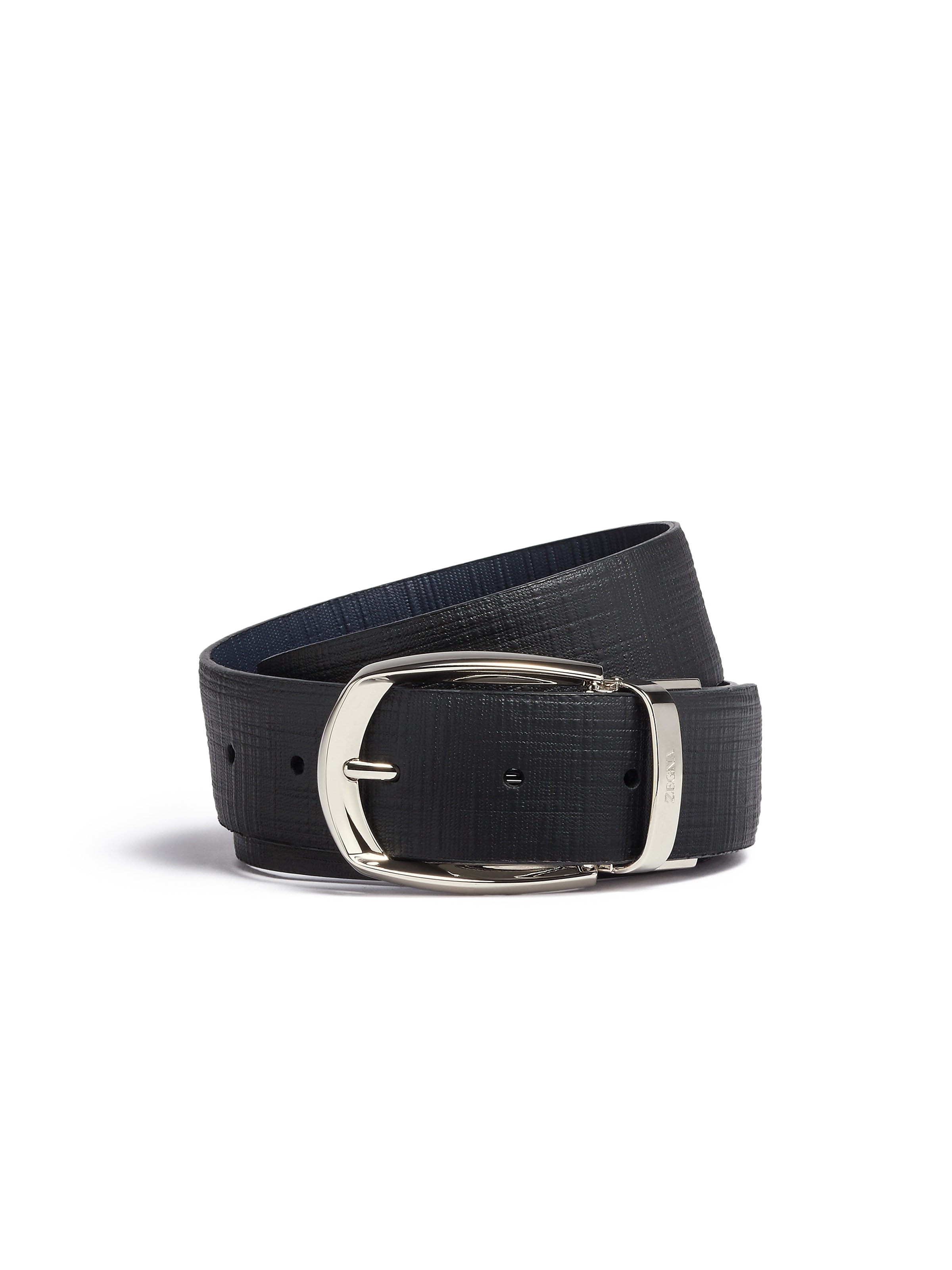 Zegna Black And Navy Blue Stuoia Engraved Leather Reversible Belt