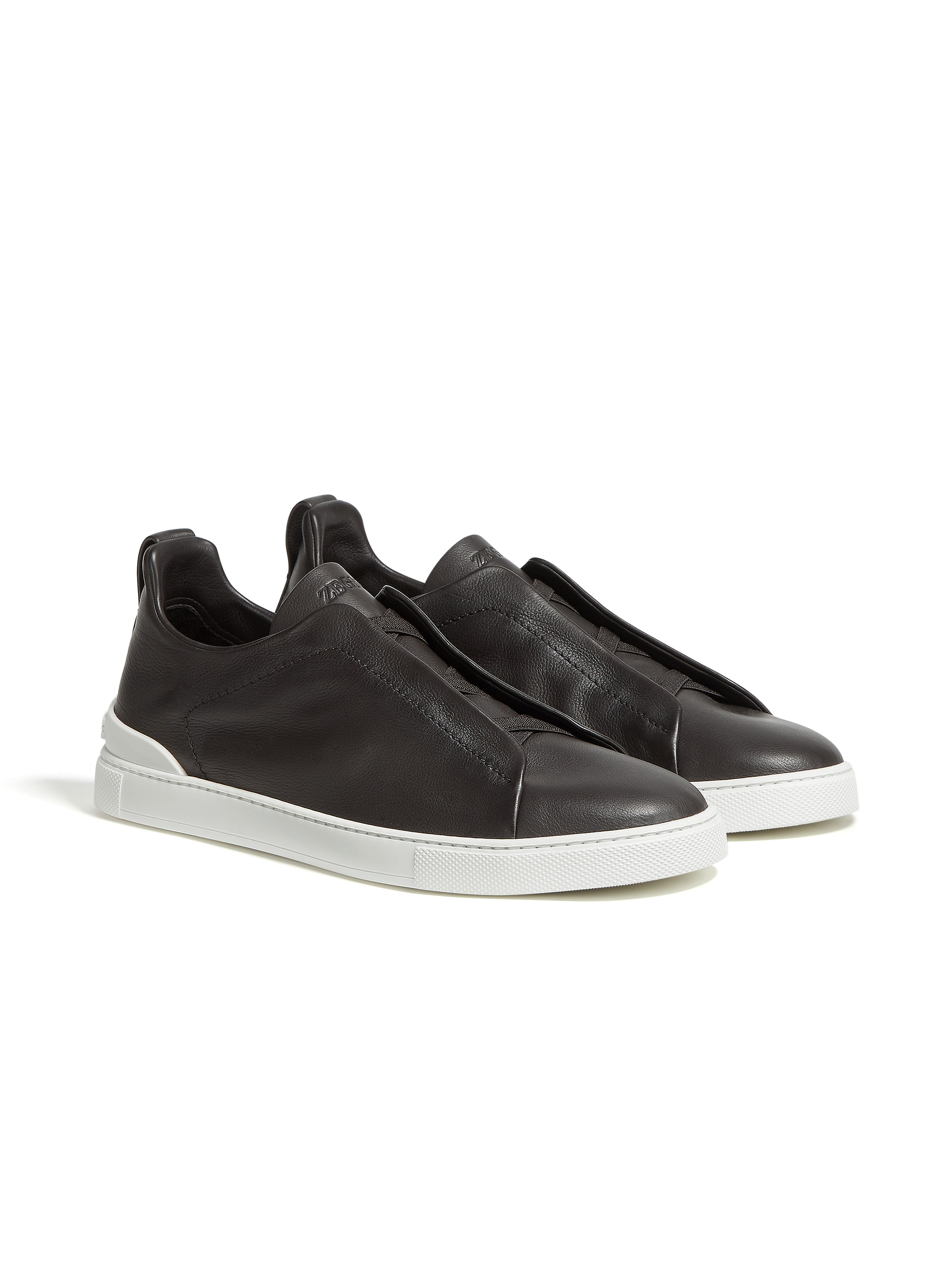 Zegna Dark Brown Leather Triple Stitch Sneakers