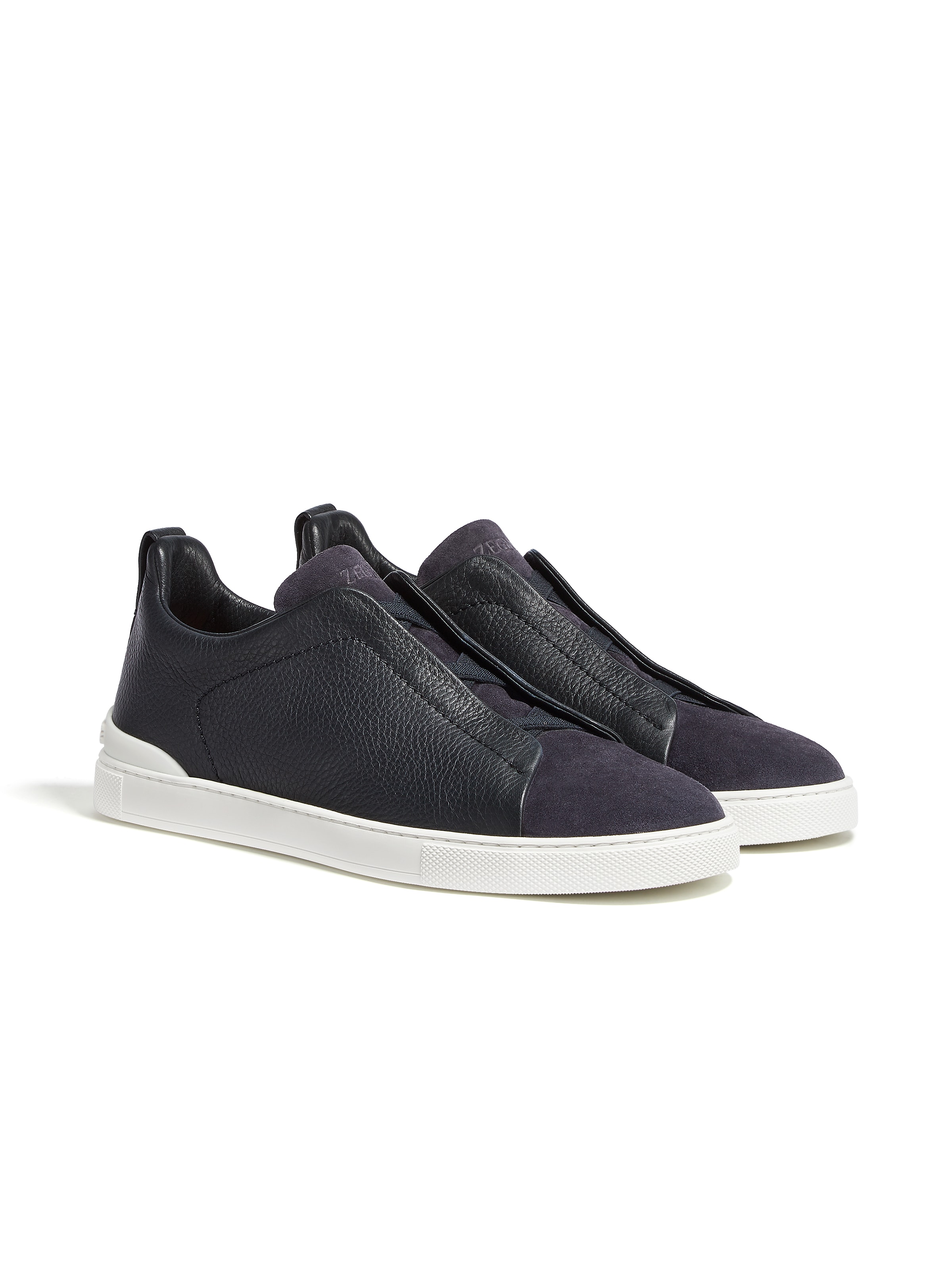 Shop Zegna Navy Blue Leather And Suede Triple Stitch Sneakers In Bleu Marine